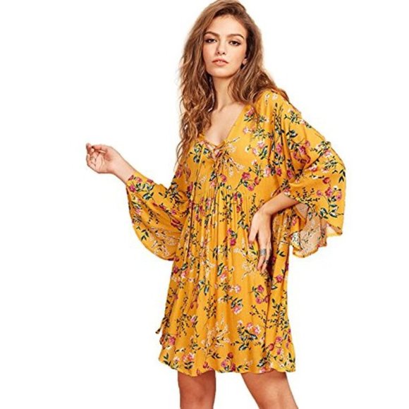 Milumia Dresses & Skirts - Milumia Boho Yellow Floral Print Dress Large